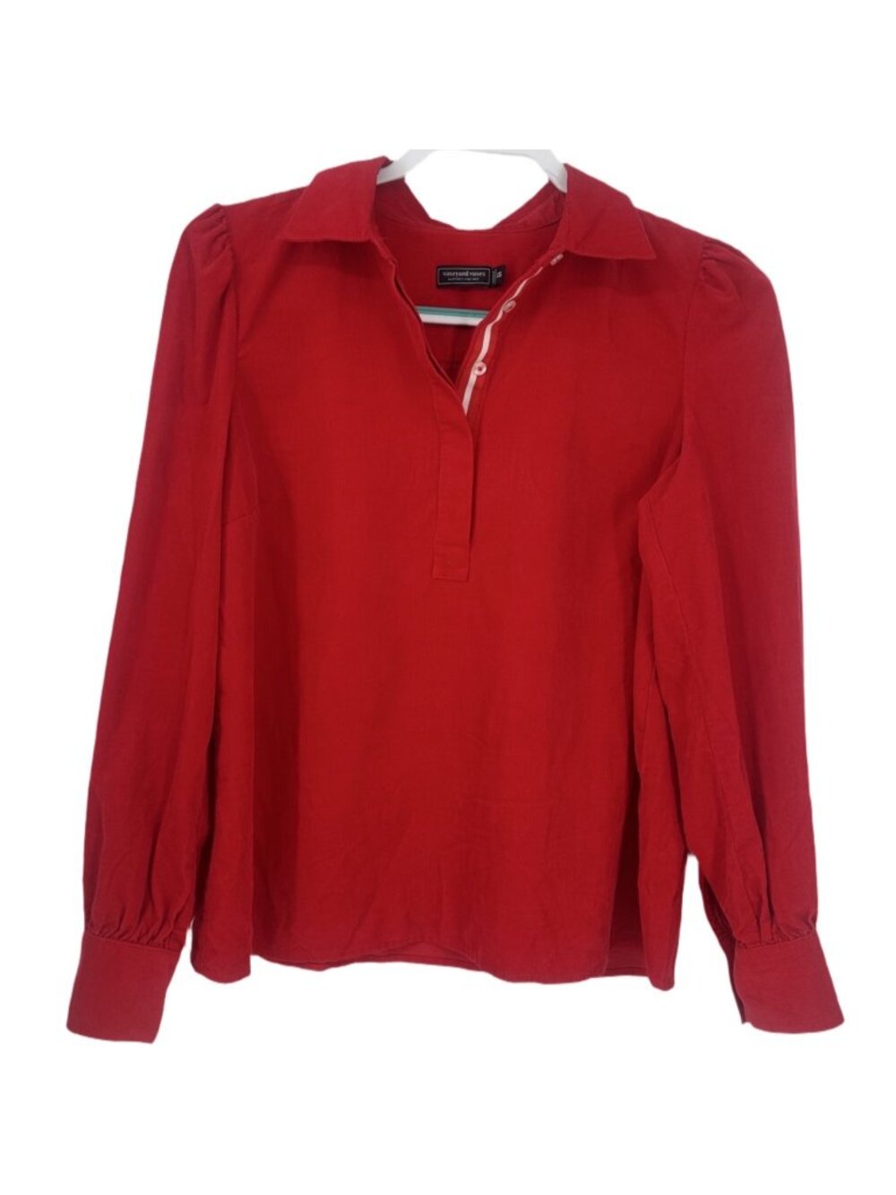 Vineyard Vines Blouse XS Red Corduroy Popover Collared Long Puff Sleeve Preppy